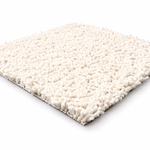 A square sample of a high-pile shag carpet in an off-white or cream color, shown at an angle on a clean white background.