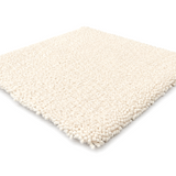 A square sample of off-white, textured loop pile carpet or rug shown at an angle on a clean white background.