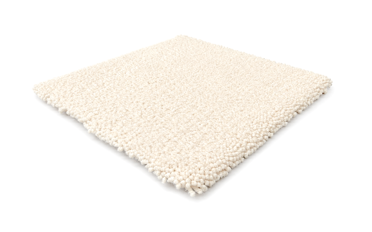 A square sample of off-white, textured loop pile carpet or rug shown at an angle on a clean white background.