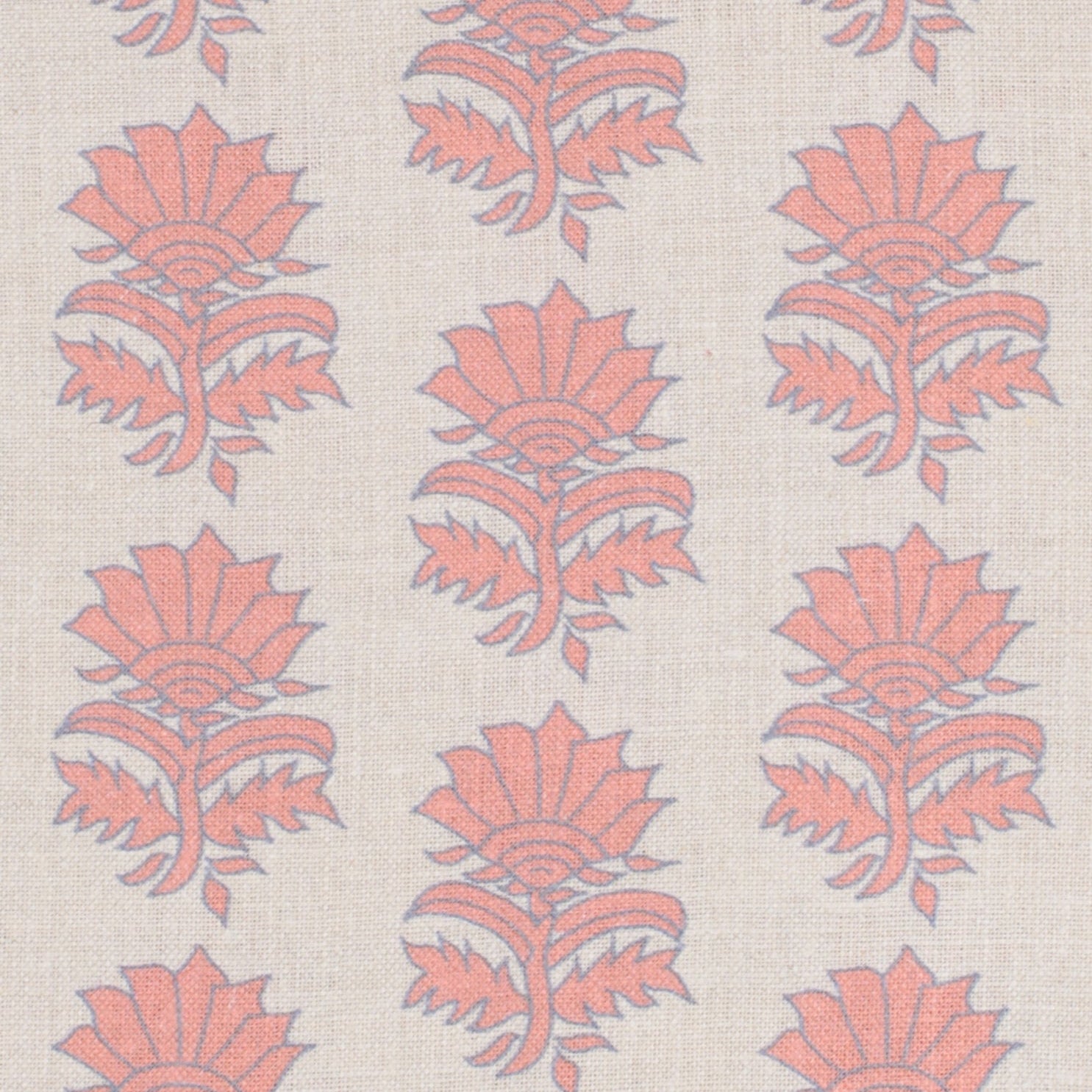 Detail of fabric in a repeating thistle print in pink and purple on a cream field.