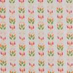 Detail of fabric in a striped botanical print in shades of pink, orange and green on a cream field.
