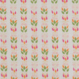 Detail of fabric in a striped botanical print in shades of pink, orange and green on a cream field.