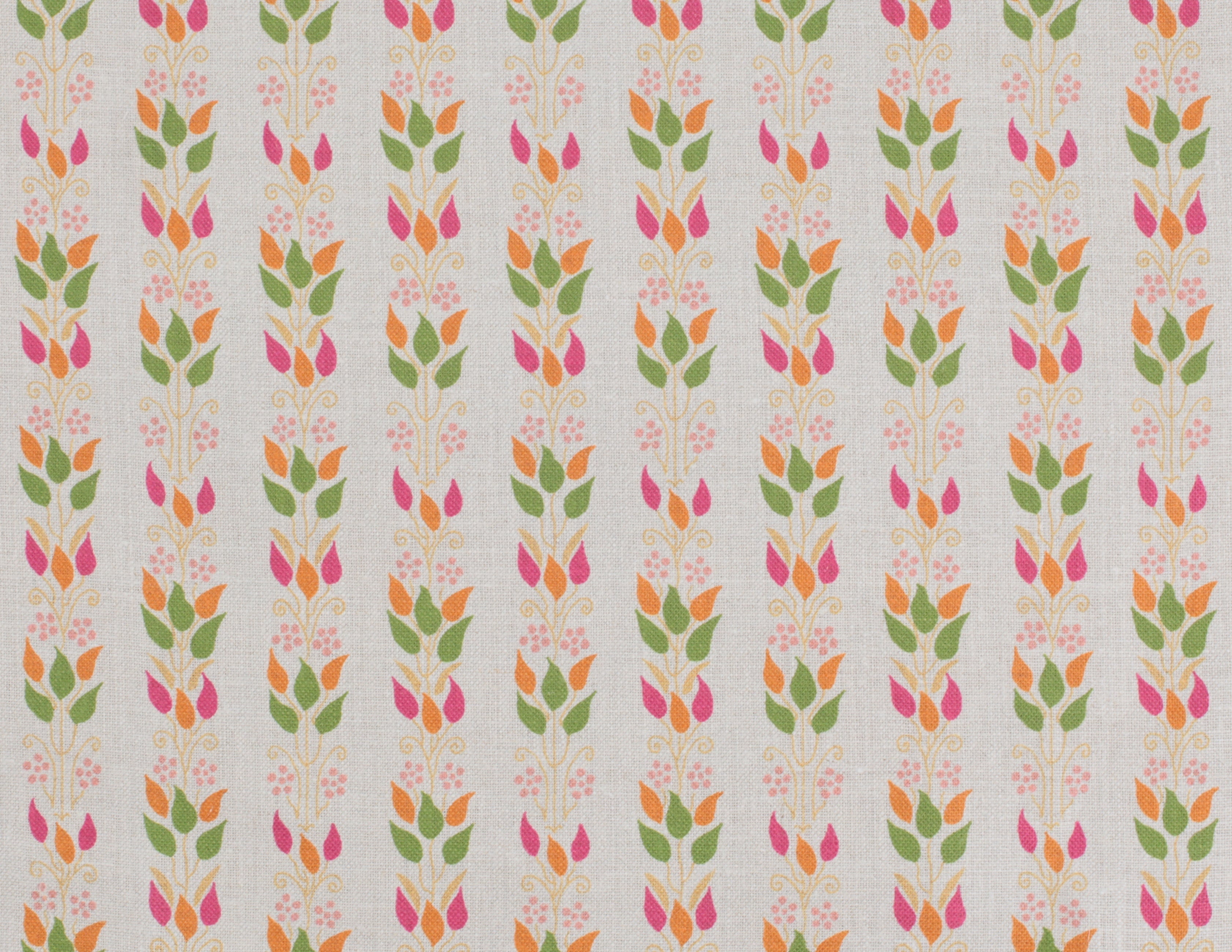 Detail of fabric in a striped botanical print in shades of pink, orange and green on a cream field.