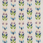 Detail of fabric in a striped botanical print in shades of blue, purple and green on a cream field.