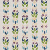 Detail of fabric in a striped botanical print in shades of blue, purple and green on a cream field.