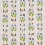 Detail of fabric in a striped botanical print in shades of yellow, gray and green on a greige field.