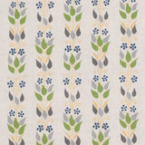 Detail of fabric in a striped botanical print in shades of yellow, gray and green on a greige field.