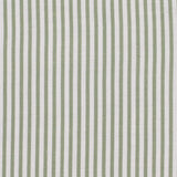 Detail of fabric in a small-scale stripe print in sage on a greige field.