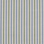 Detail of fabric in a small-scale stripe print in green and blue on a greige field.