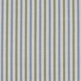 Detail of fabric in a small-scale stripe print in green and blue on a greige field.