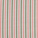 Detail of fabric in a small-scale stripe print in sage and pink on a greige field.