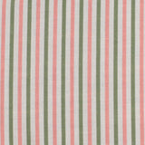 Detail of fabric in a small-scale stripe print in sage and pink on a greige field.