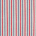 Detail of fabric in a small-scale stripe print in red and blue on a cream field.