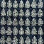 Detail of fabric woven in a repeating leaf print in shades of navy and white.