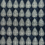 Detail of fabric woven in a repeating leaf print in shades of navy and white.
