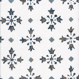 Detail of fabric in a botanical grid print in navy, blue and metallic gold on a white field.