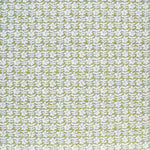 Detail of fabric in a floral grid print in white and blue on a mustard field.