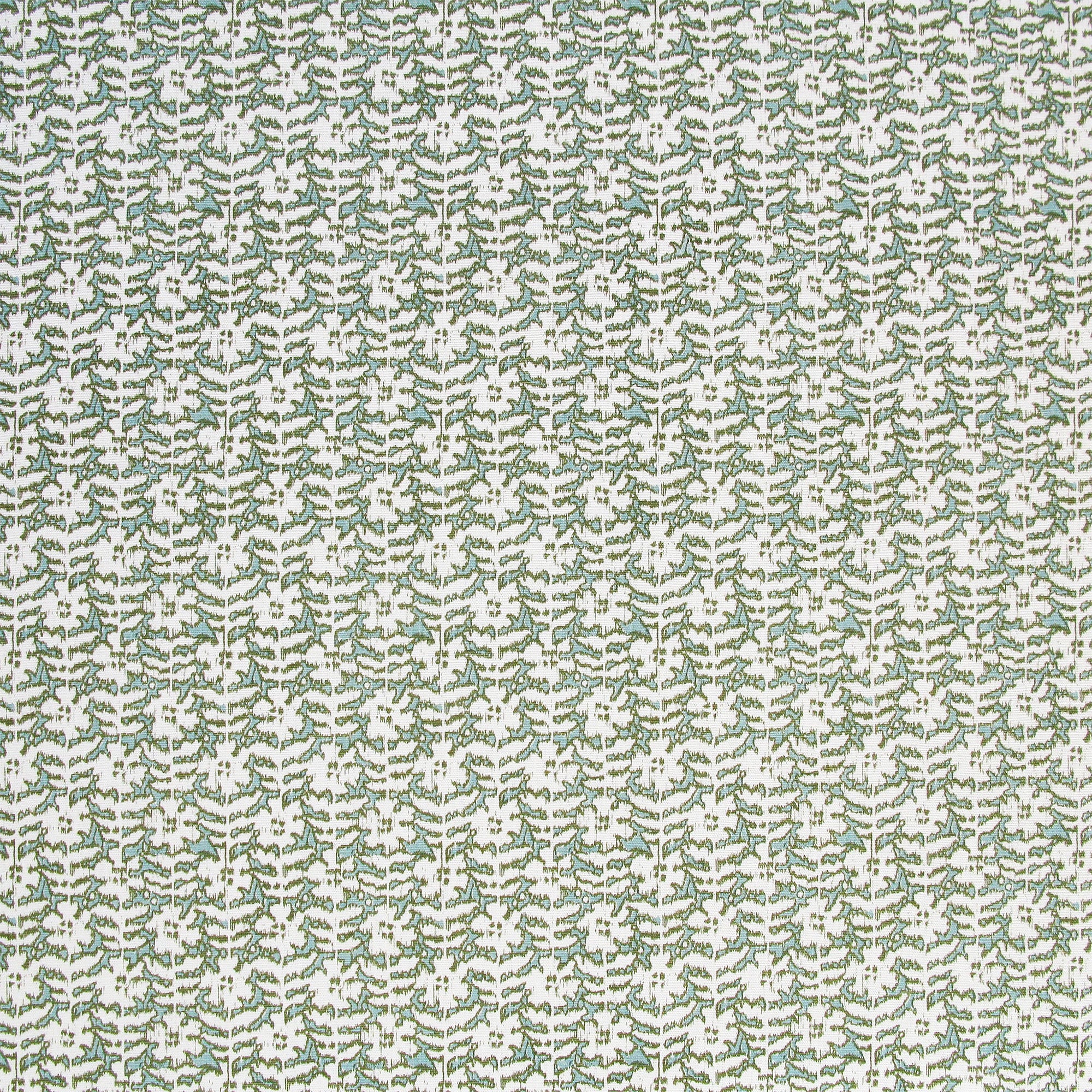 Detail of fabric in a floral grid print in white and sage on a light green field.
