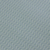 Detail of a wallpaper panel in an undulating stripe pattern in light green and blue on a turquoise field.