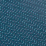 Detail of a wallpaper panel in an undulating stripe pattern in blue and pink on a navy field.