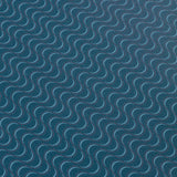Detail of a wallpaper panel in an undulating stripe pattern in blue and pink on a navy field.