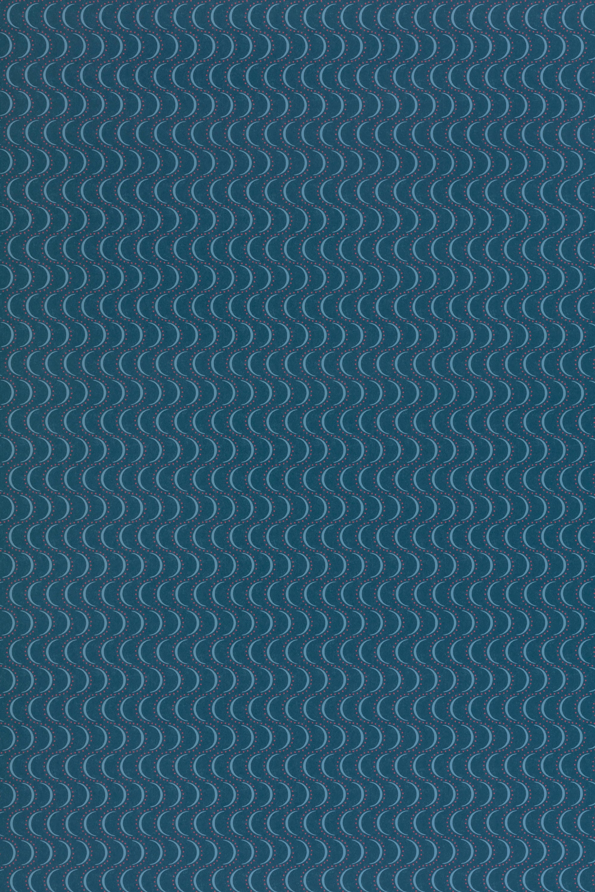 Wallpaper panel in an undulating stripe pattern in blue and pink on a navy field.