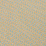Detail of a wallpaper panel in an undulating stripe pattern in blue and white on a mustard field.