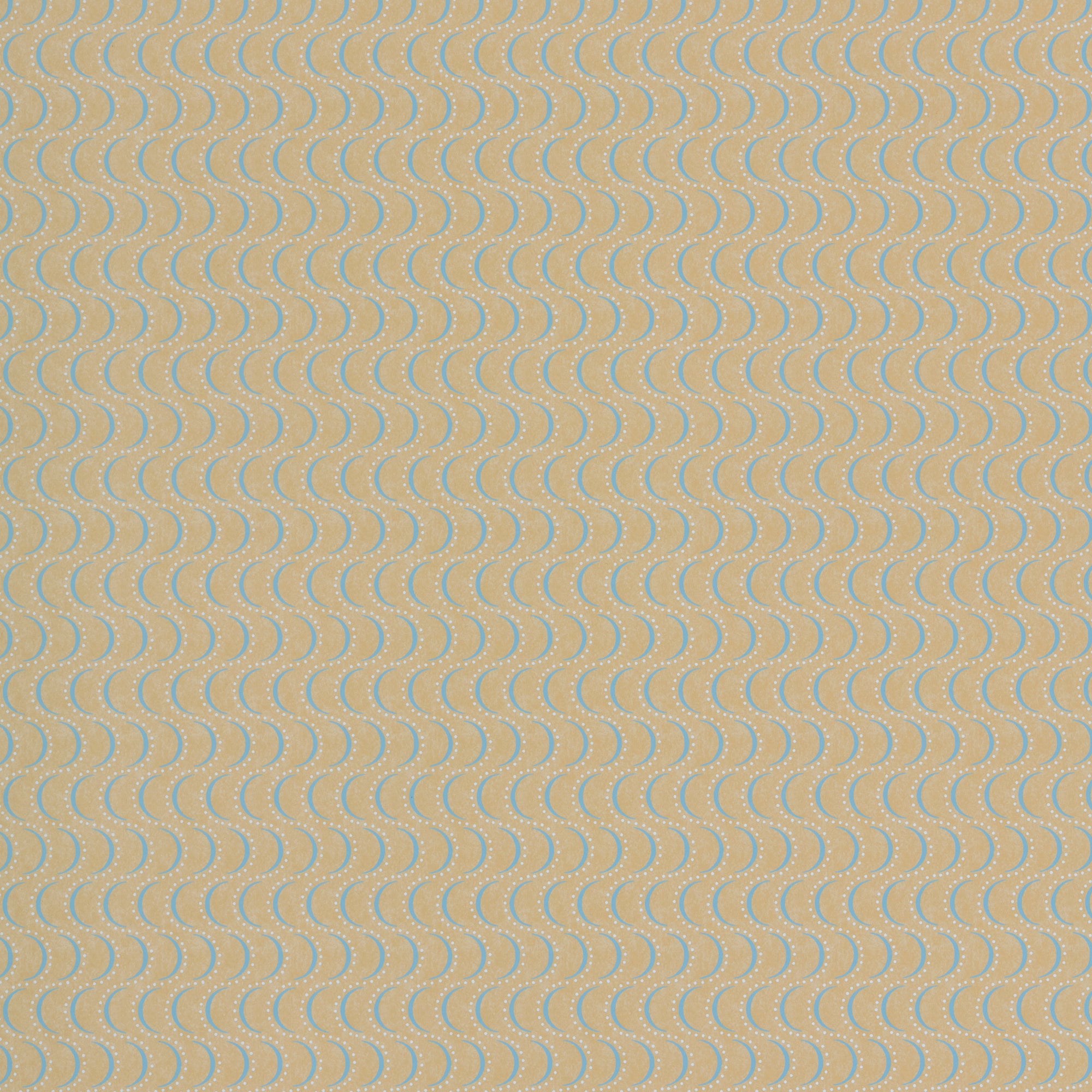 Wallpaper panel in an undulating stripe pattern in blue and white on a mustard field.