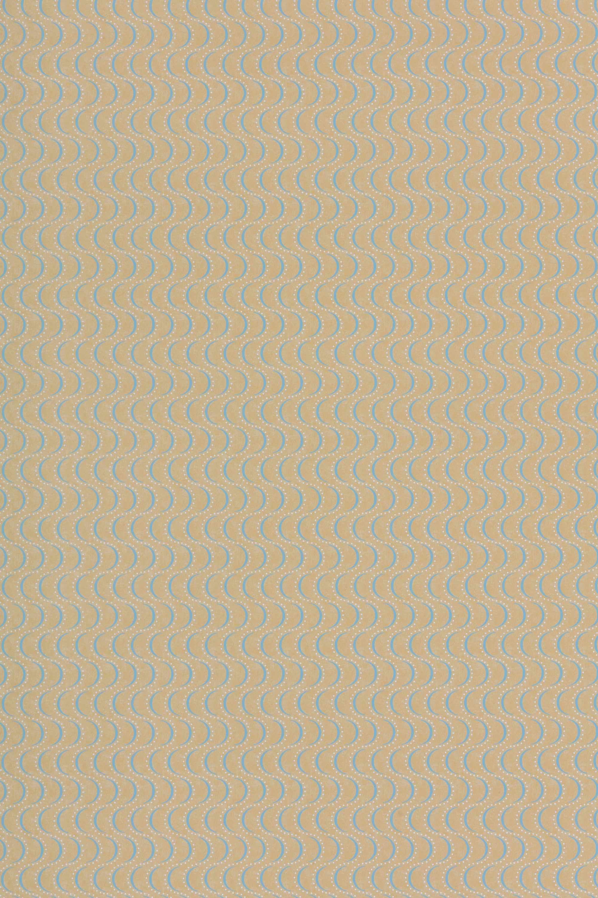 Wallpaper panel in an undulating stripe pattern in blue and white on a mustard field.