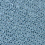 Detail of a wallpaper panel in an undulating stripe pattern in yellow and navy on a blue field.