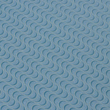 Detail of a wallpaper panel in an undulating stripe pattern in yellow and navy on a blue field.