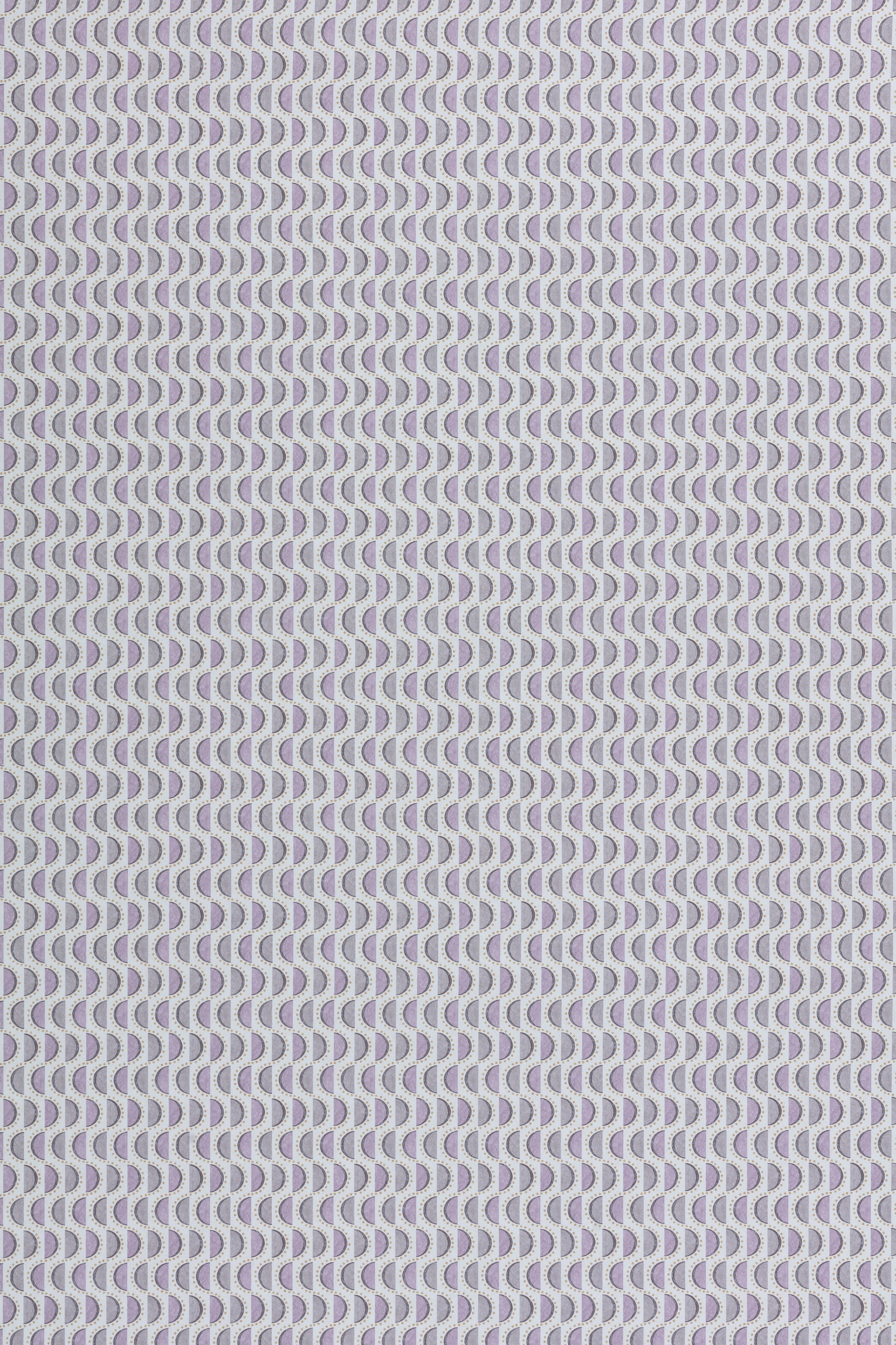 Wallpaper panel in a linear geometric print in shades of purple and navy on a light blue field.