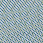 Detail of a wallpaper panel in a linear geometric print in shades of turquoise, blue and yellow on a light blue field.