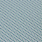 Detail of a wallpaper panel in a linear geometric print in shades of turquoise, blue and yellow on a light blue field.