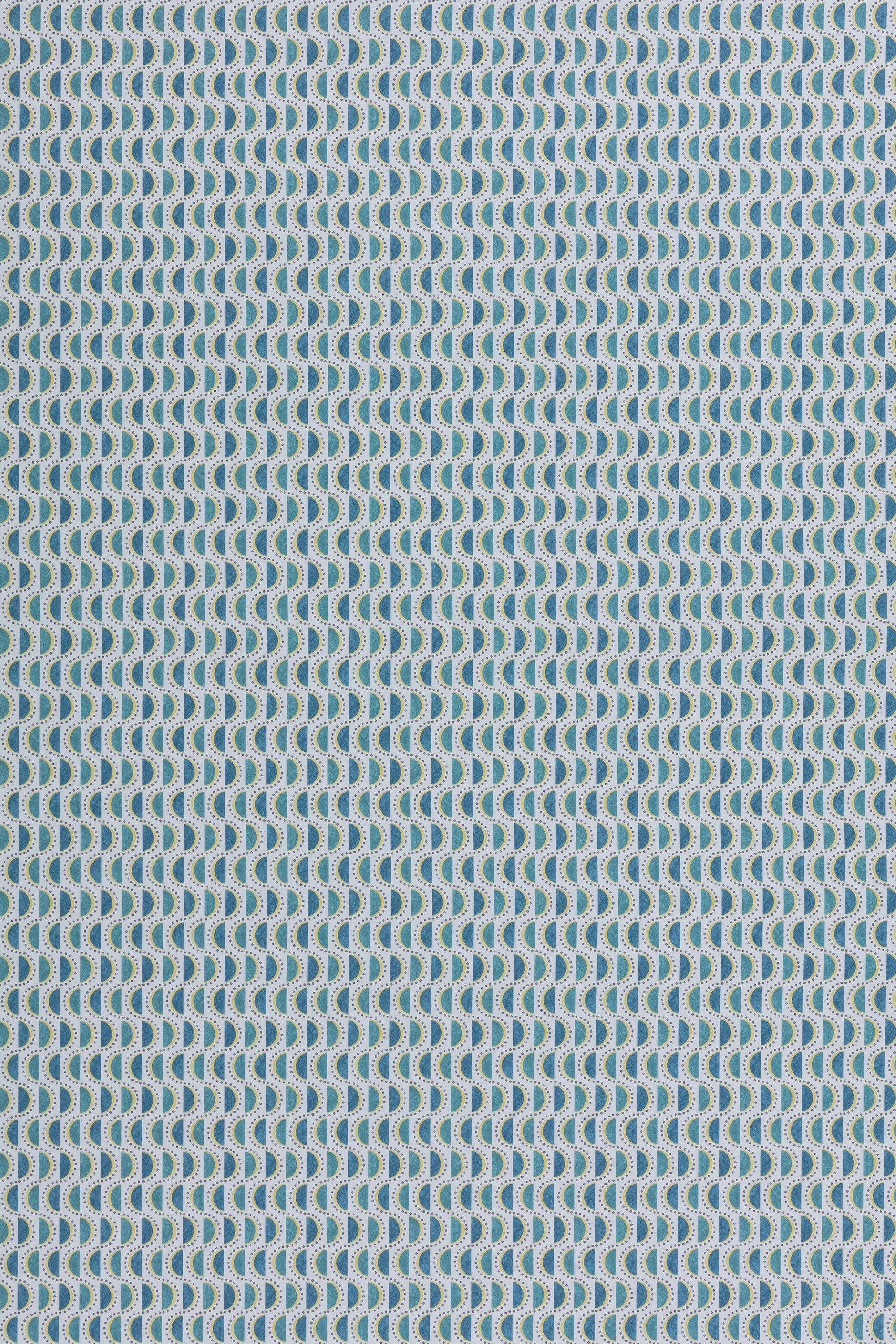 Wallpaper panel in a linear geometric print in shades of turquoise, blue and yellow on a light blue field.