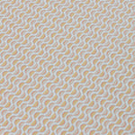 Detail of a wallpaper panel in a linear geometric print in shades of purple, blue and yellow on a light blue field.