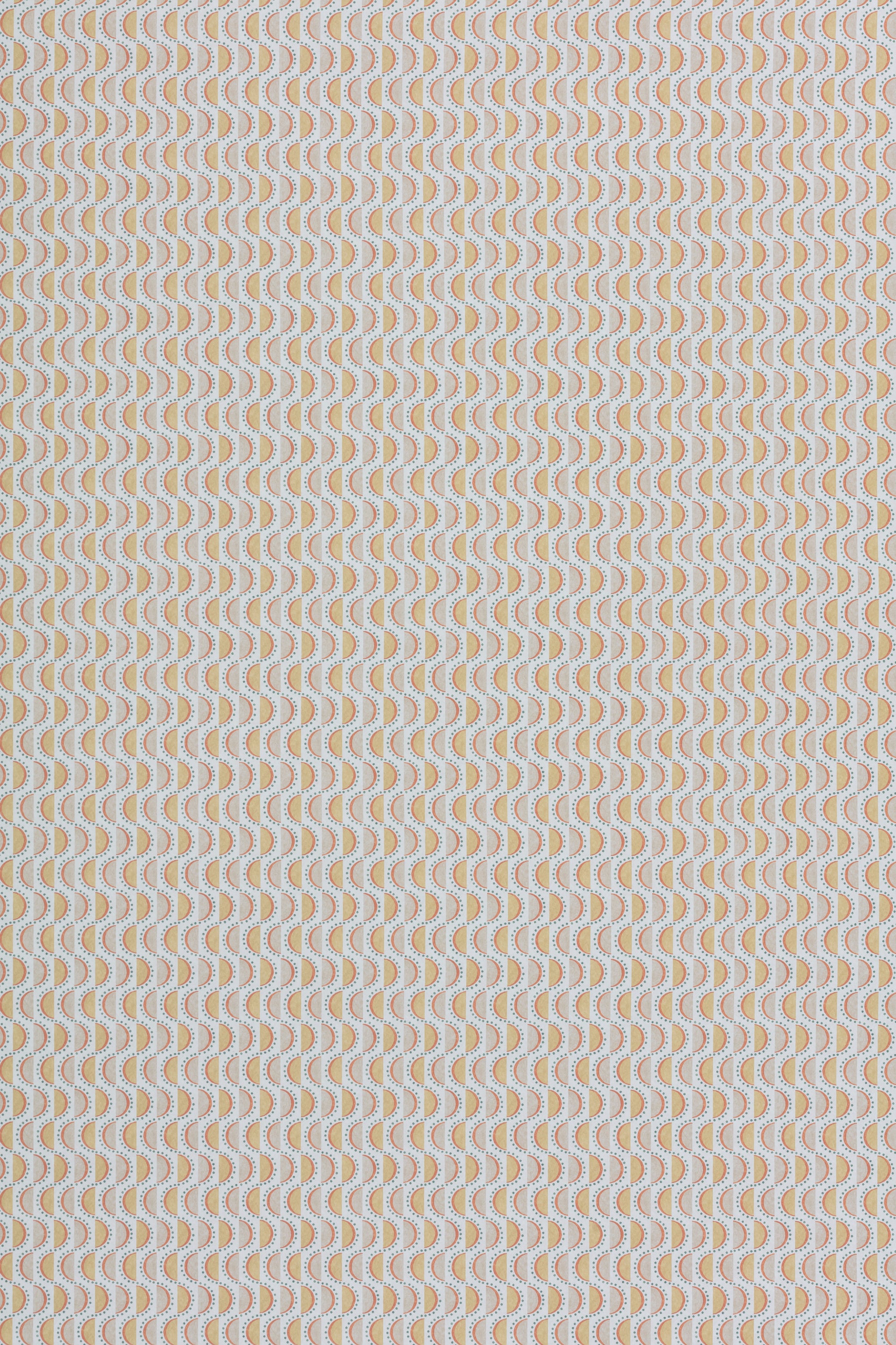Wallpaper panel in a linear geometric print in shades of purple, blue and yellow on a light blue field.