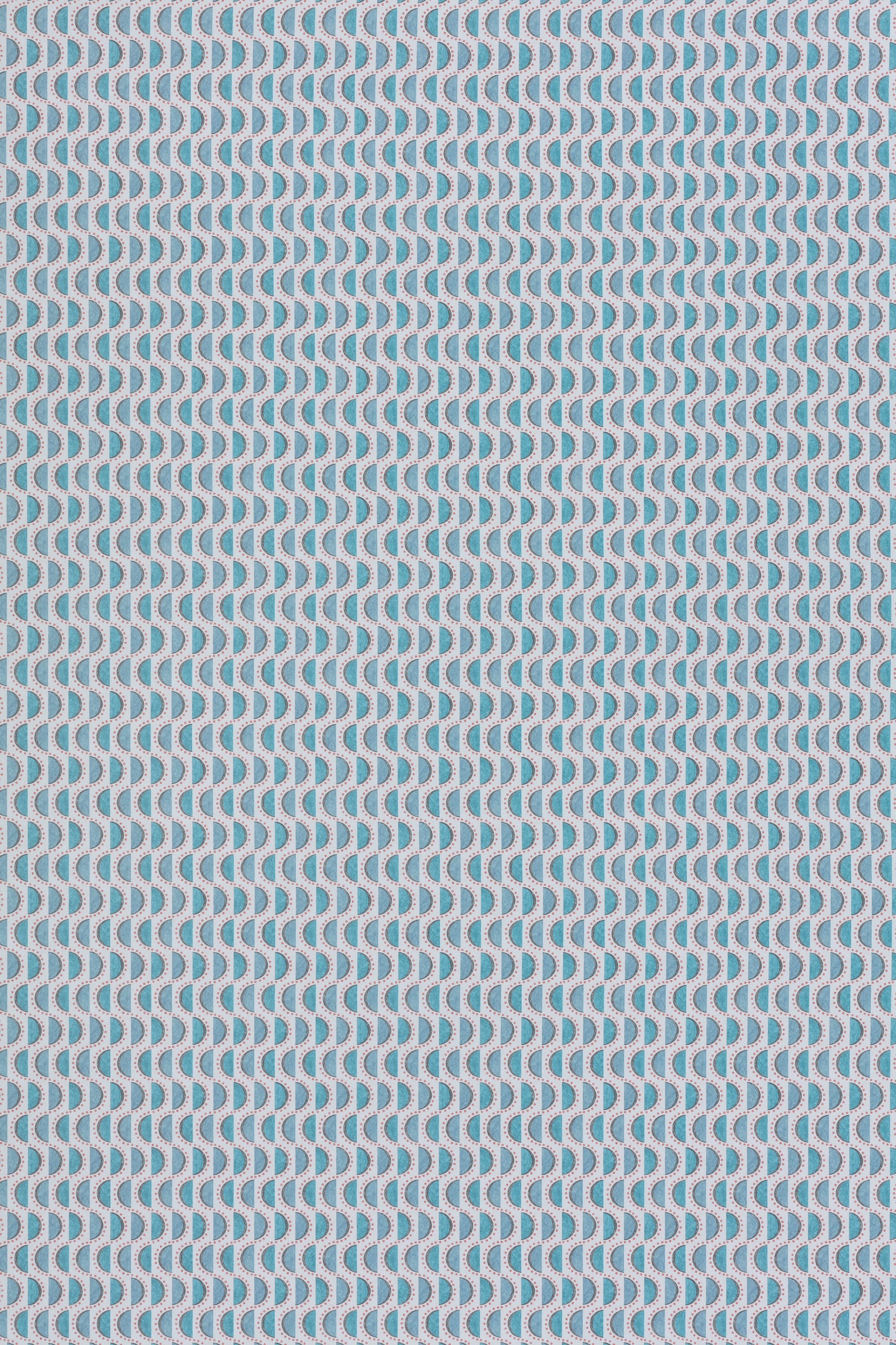Wallpaper panel in a linear geometric print in shades of blue and pink on a light blue field.
