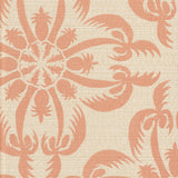 Detail of fabric in a playful botanical print in pink on a cream field.