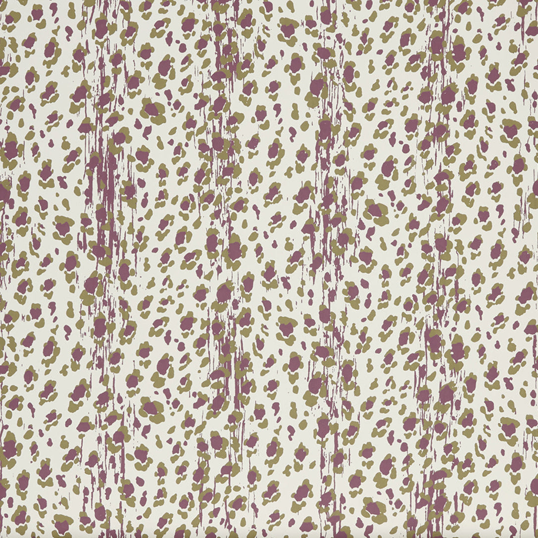 Close up of wallpaper with small scale painterly animal print in tan and mauve purple on white.