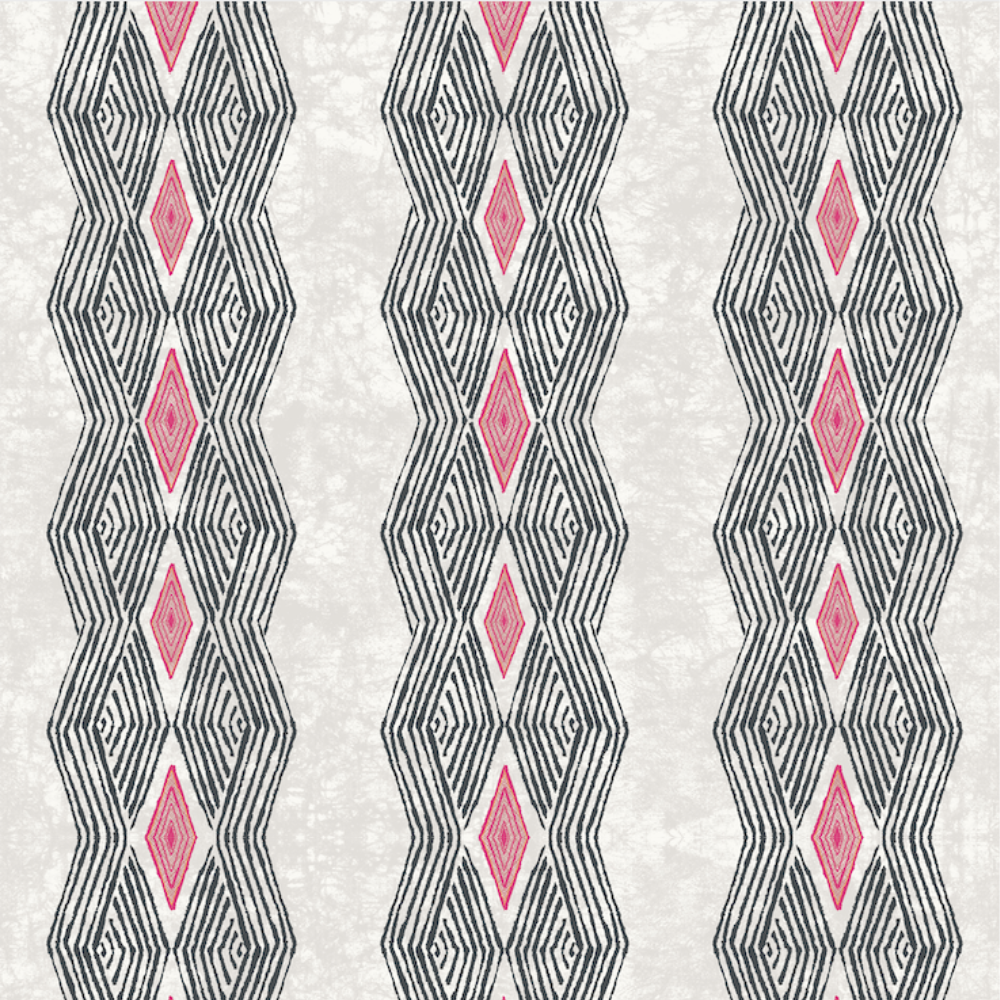 Detail of wallpaper in an intricate diamond stripe print in red and black on a cream field.