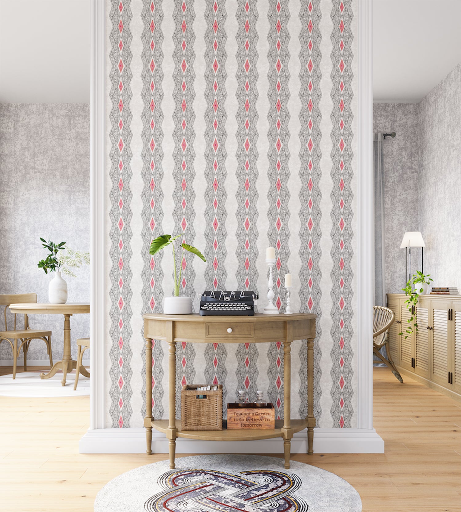 A maximalist living space with an accent wall papered in an intricate diamond stripe print in red, black and cream.