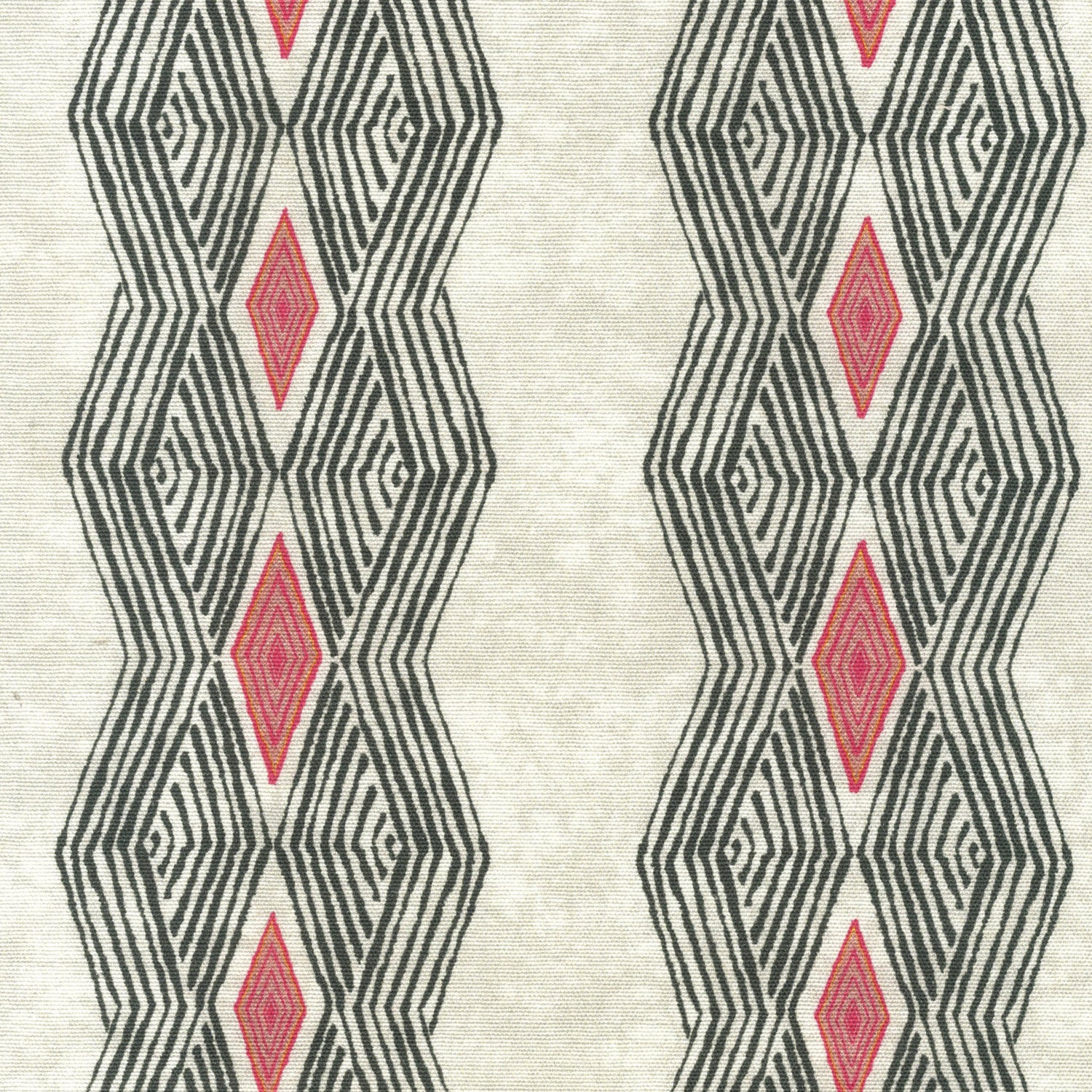 Detail of fabric in an intricate diamond stripe print in black and red on a cream field.