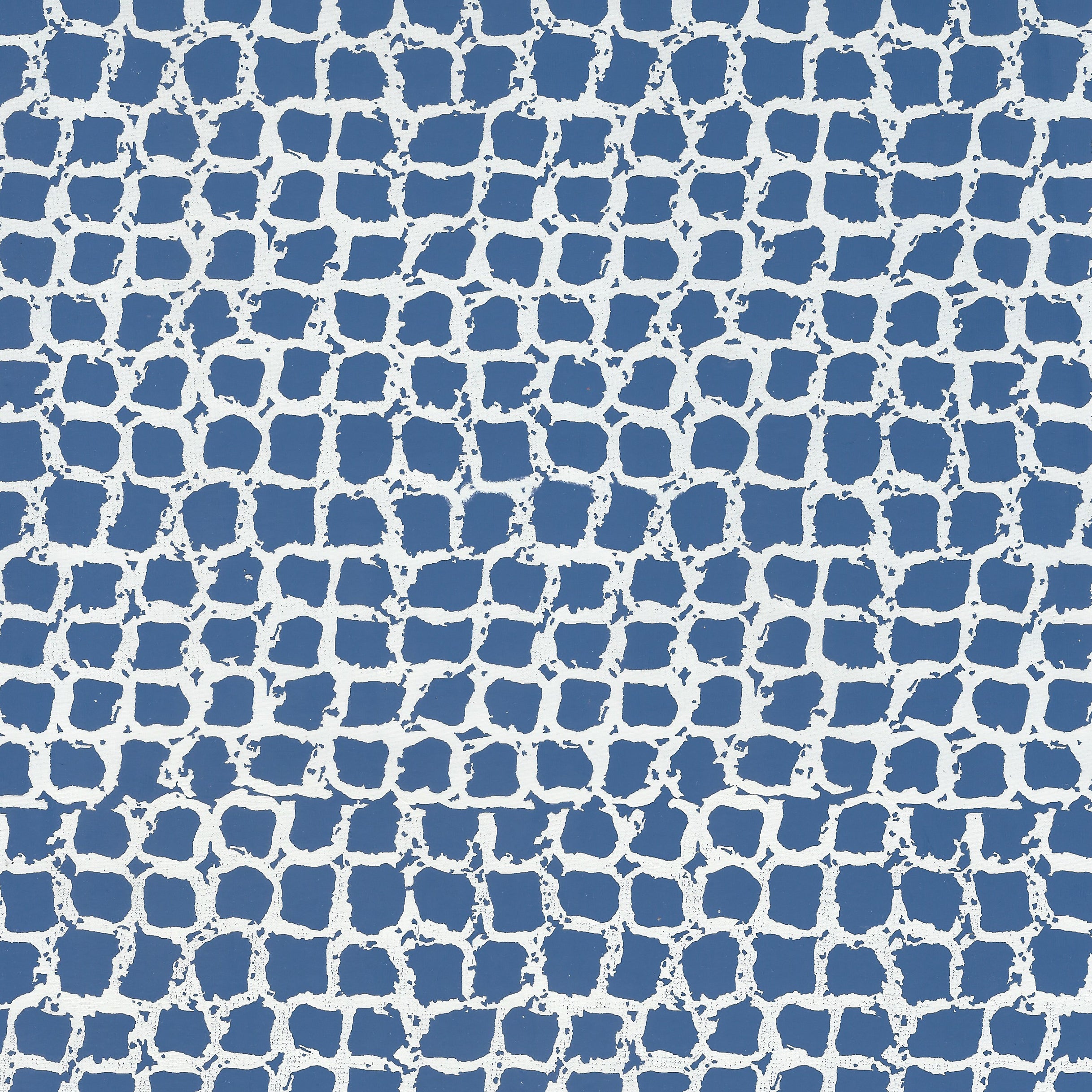 Detail of wallpaper in an abstract grid print in blue on a light gray field.