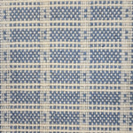 Broadloom carpet in slim plaid pattern in cream and blue.