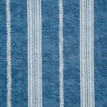 Detail of fabric in a small-scale botanical stripe print in white on an indigo field.