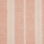 Detail of fabric in a small-scale botanical stripe print in white on a light pink field.