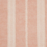 Detail of fabric in a small-scale botanical stripe print in white on a light pink field.