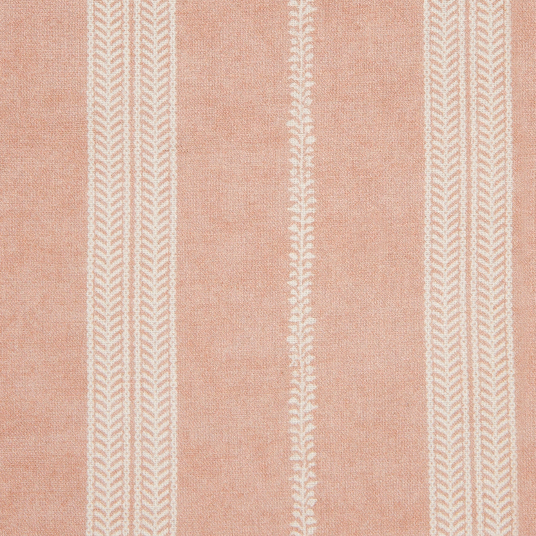 Detail of fabric in a small-scale botanical stripe print in white on a light pink field.