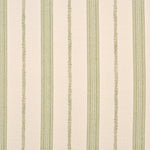 Detail of fabric in a small-scale botanical stripe print in green on a cream field.